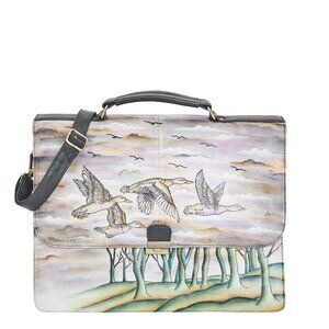 Women Hand-Painted Bird Artwork Leather Briefcase Crossbody Bag – Laptop Bag
